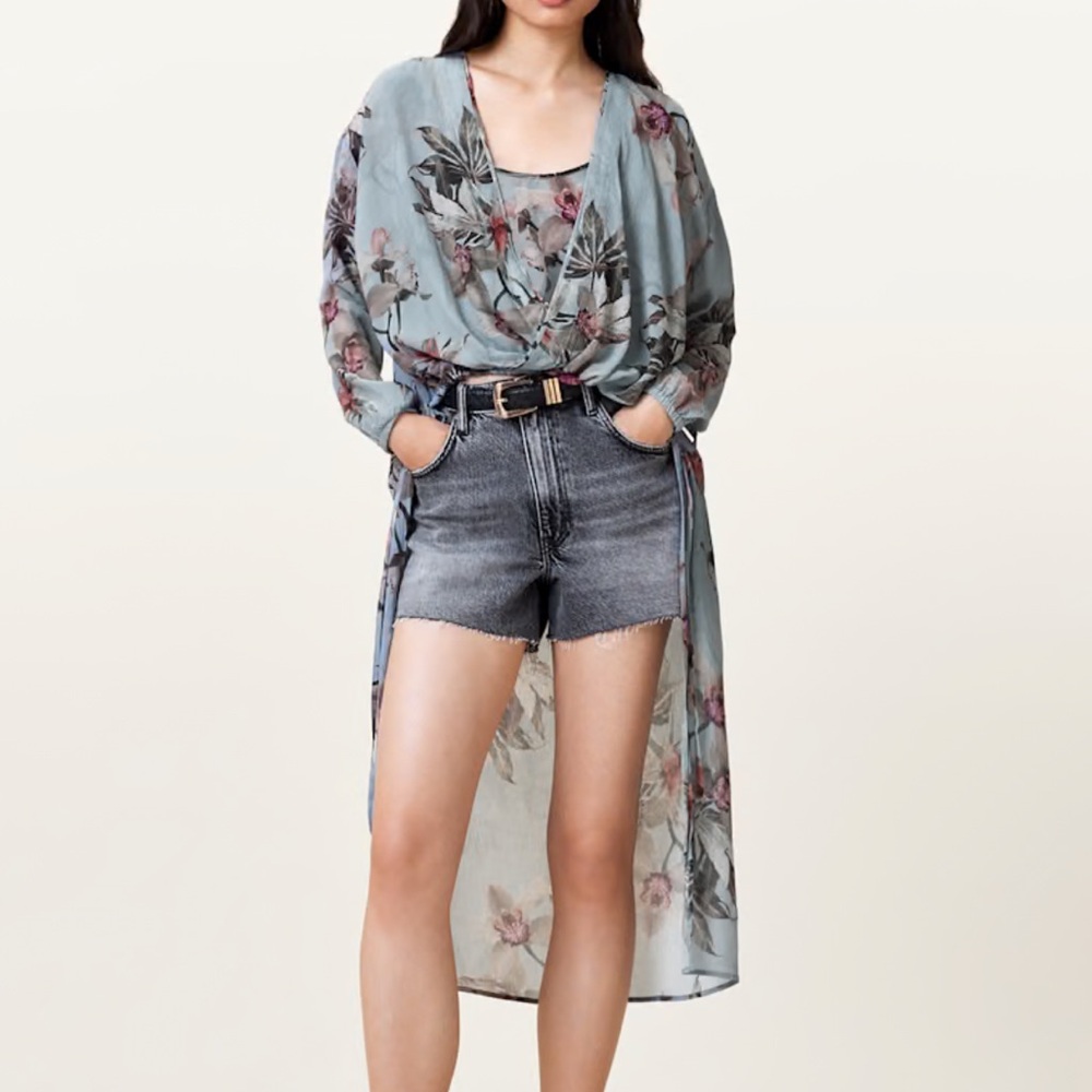All Saints Blue Floral Draped Sheer Top